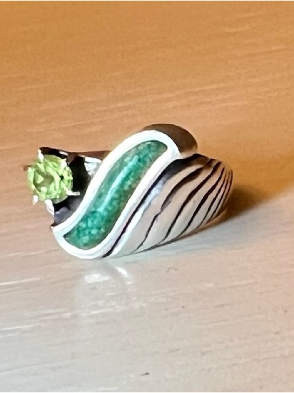 Sterling Silver Green Peridot Gemstone Turquoise Wave Ring